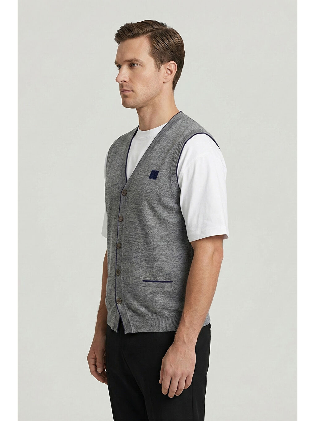 Giotelli Erkek Gri-Lacivert Standart Fit Yün Karışımlı Düğmeli Triko Süveter-2