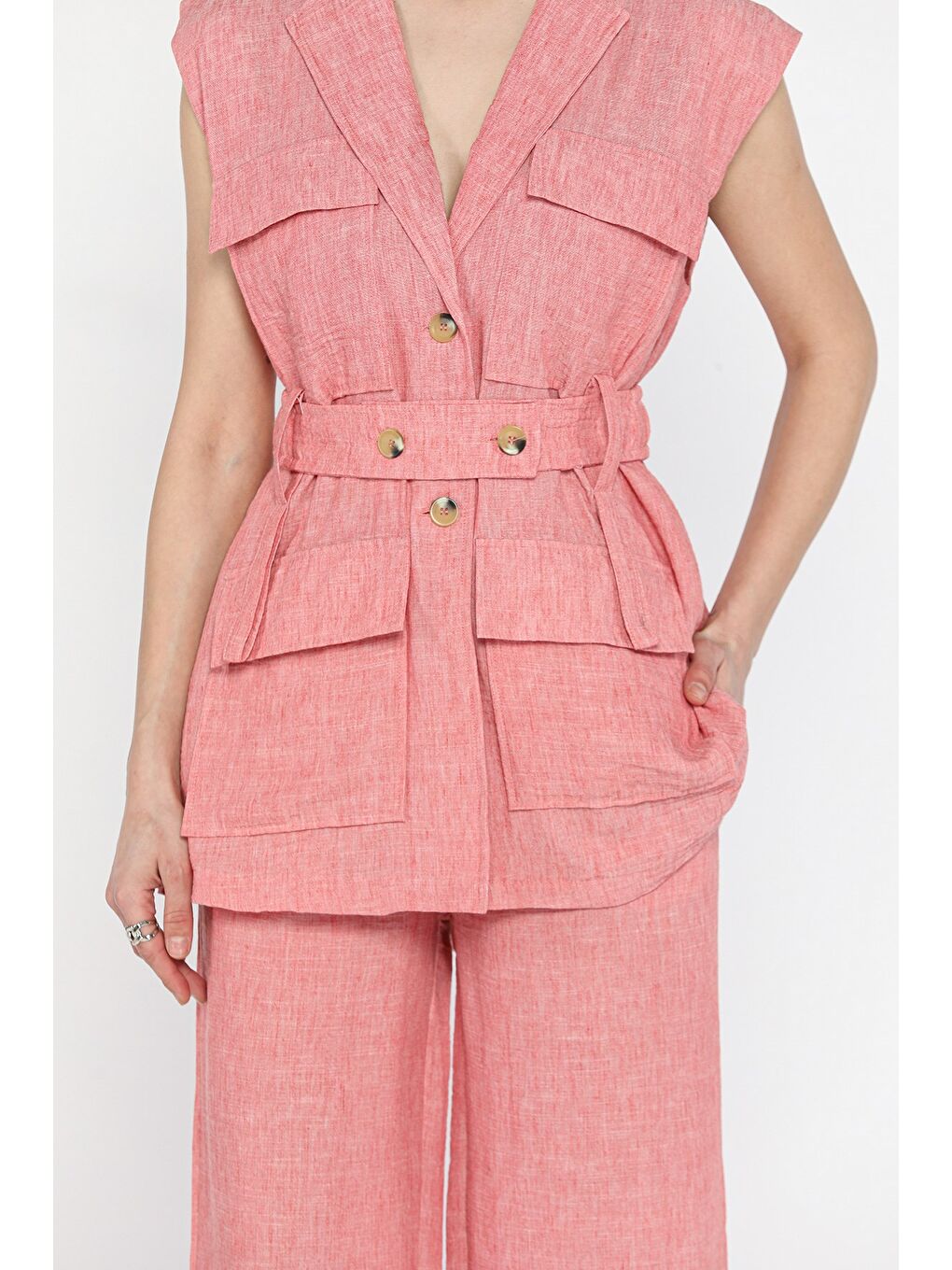 Pembe Kadın Bel Kuşaklı Yelek Pantolon İkili Takım-3