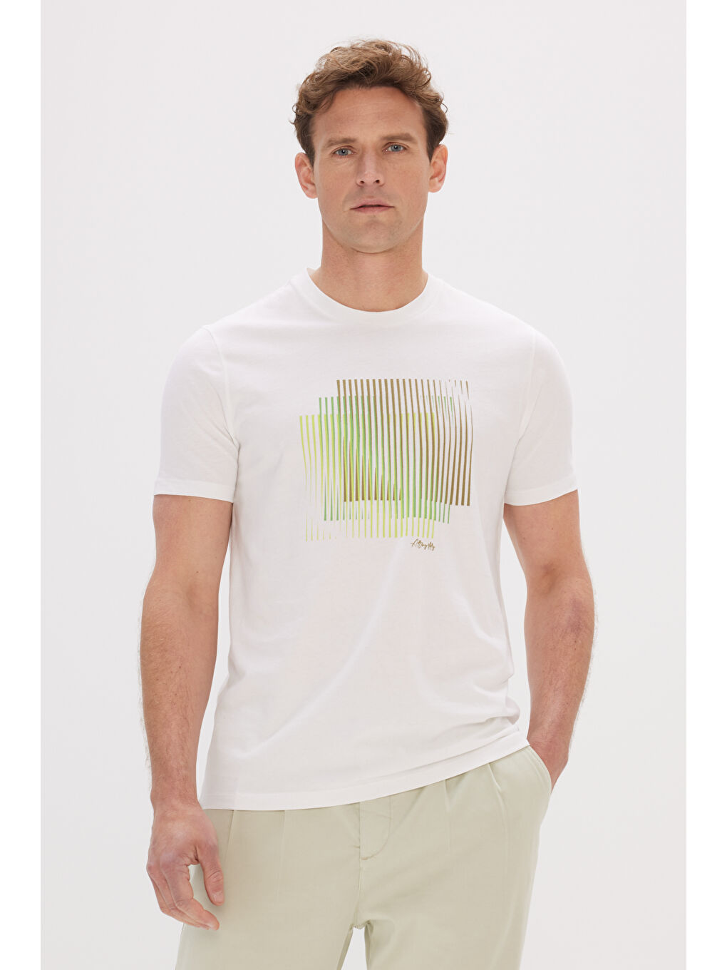 Erkek Beyaz Dar Kesim Pamuklu Baskılı Bisiklet Yaka Tişört