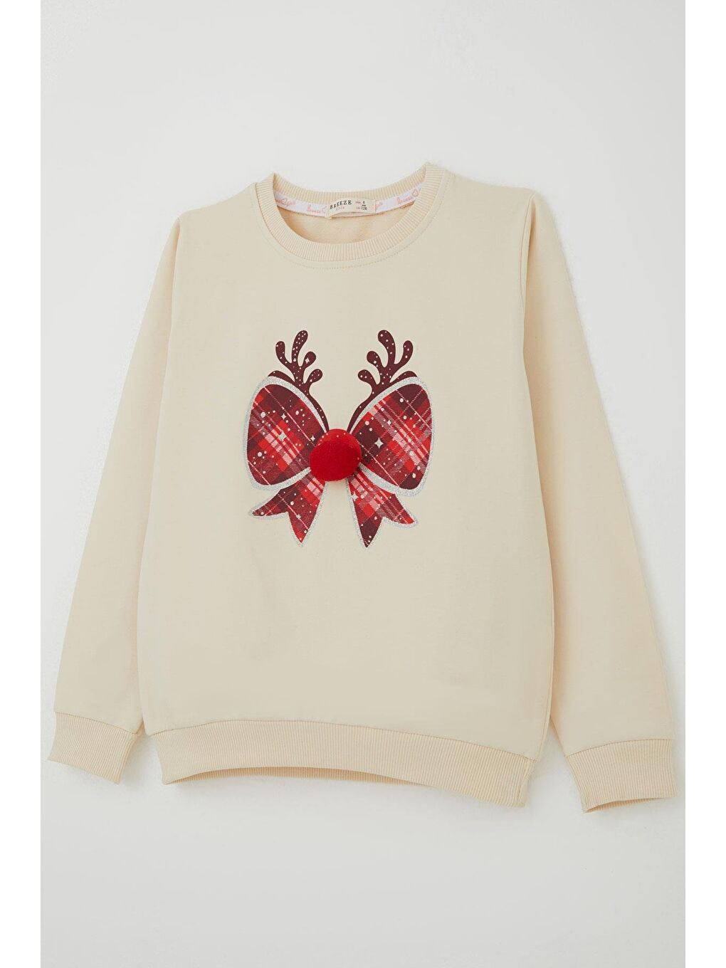 Ekru Kız Çocuk Sweatshirt Ponponlu Yılbaşı Kurdeleli Krem (6-12 Yaş)-2