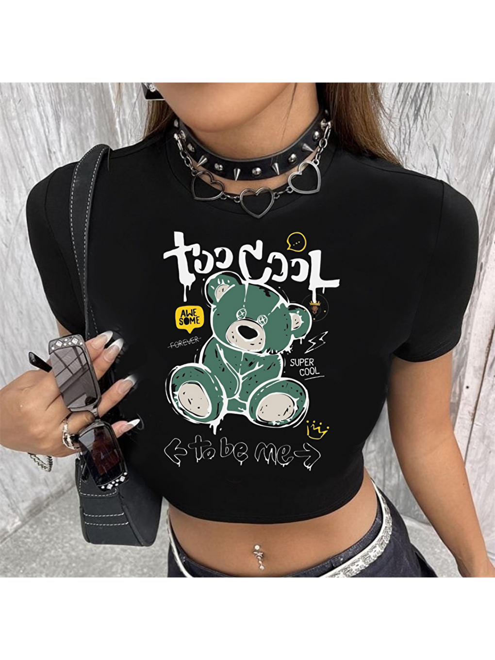 Super Cool Baskılı Siyah Crop