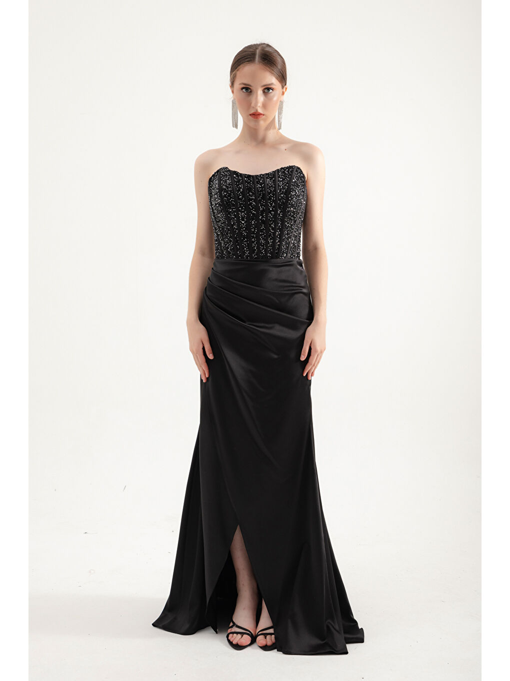 Kadın Siyah Balen Korse Detaylı Taşlı Uzun Abiye Elbise
