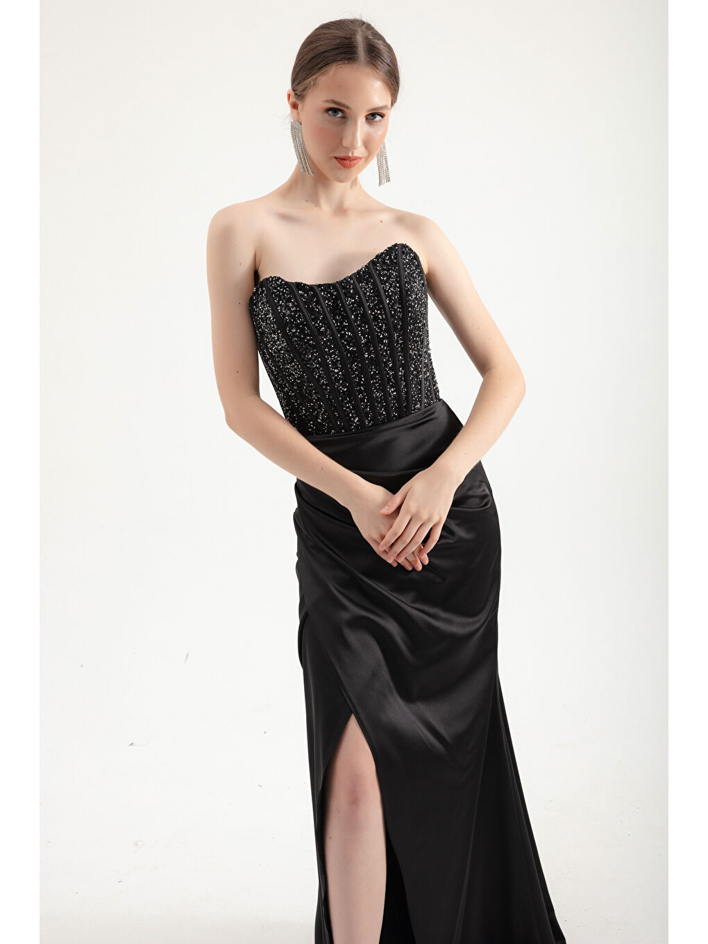 Kadın Siyah Balen Korse Detaylı Taşlı Uzun Abiye Elbise-3