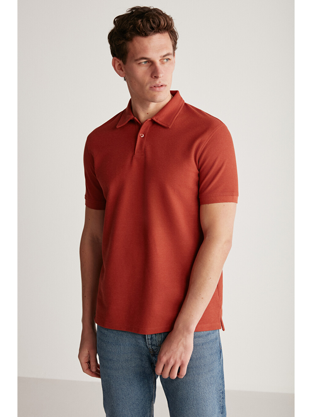 Kahverengi Erkek Dokulu Kumaşlı Slim Fit Kiremit Polo Yaka Tişört-2