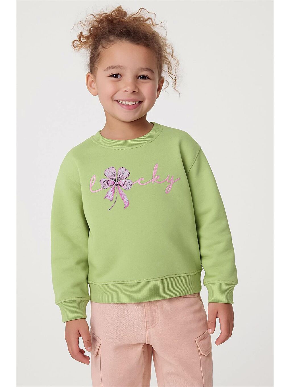 Kız Çocuk Sweatshirt Fiyonklu Çiçek Baskılı Fıstık Yeşili (2-6 Yaş)