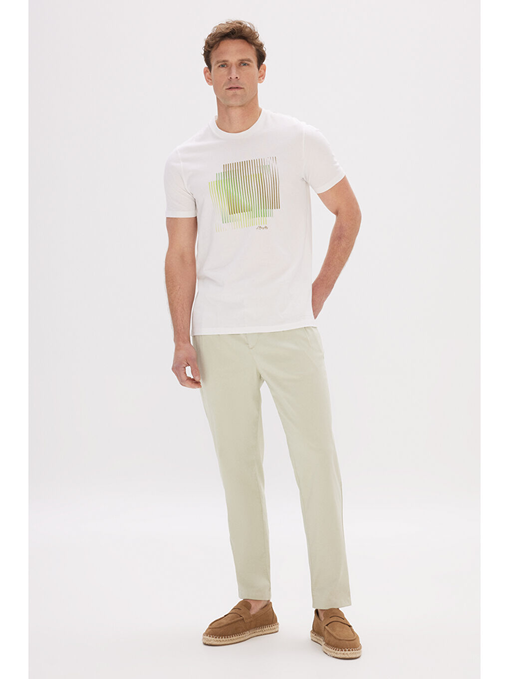 Erkek Beyaz Dar Kesim Pamuklu Baskılı Bisiklet Yaka Tişört-1