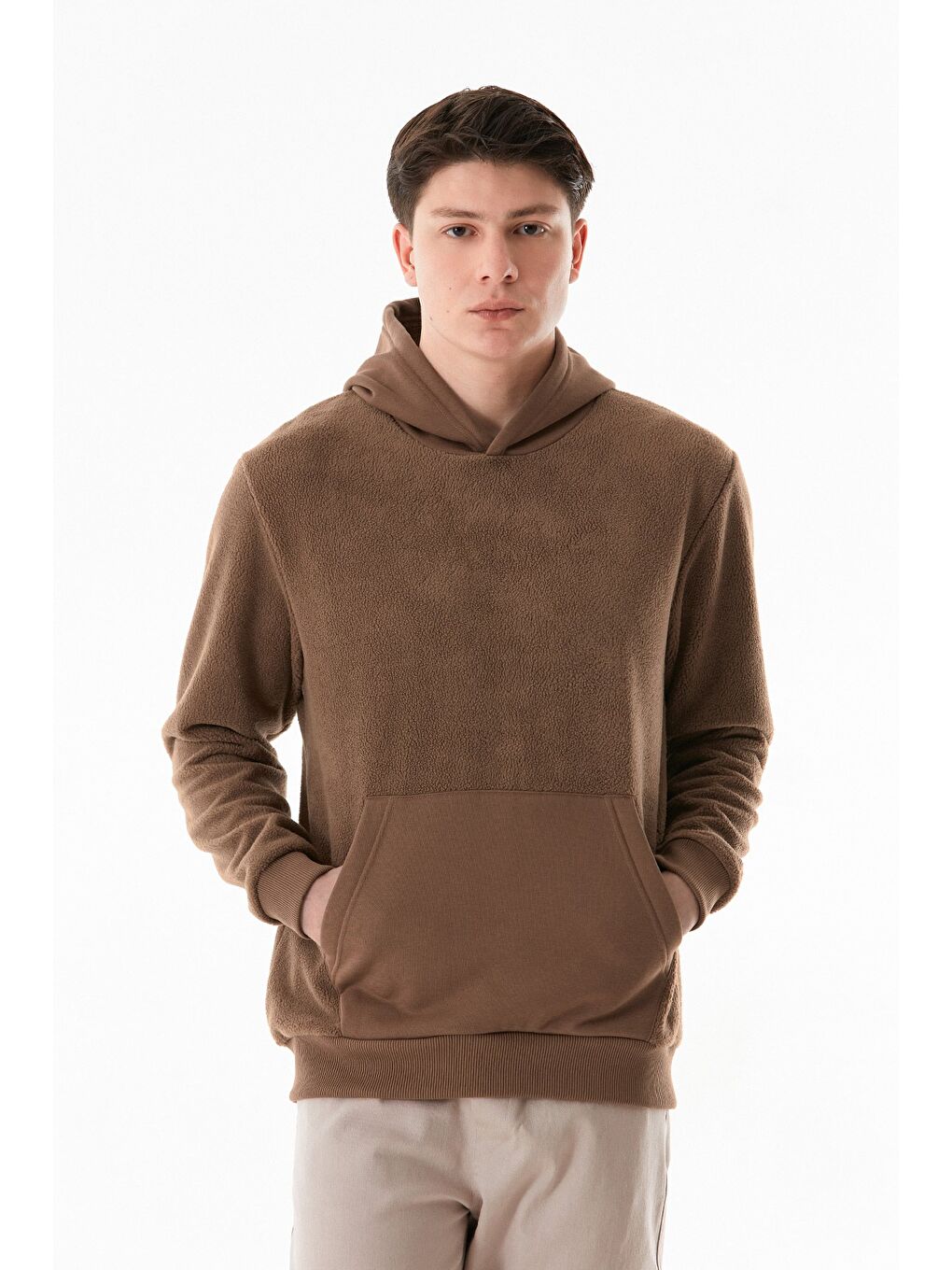 Kahverengi 3 İplik Kanguru Cepli Kapüşonlu Pelüş Sweatshirt-2