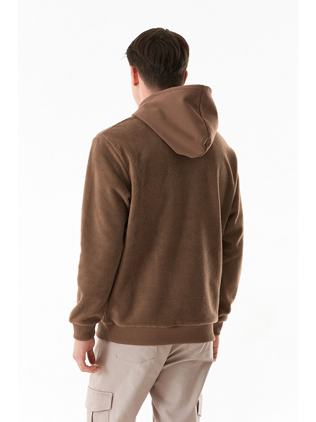 Kahverengi 3 İplik Kanguru Cepli Kapüşonlu Pelüş Sweatshirt-4