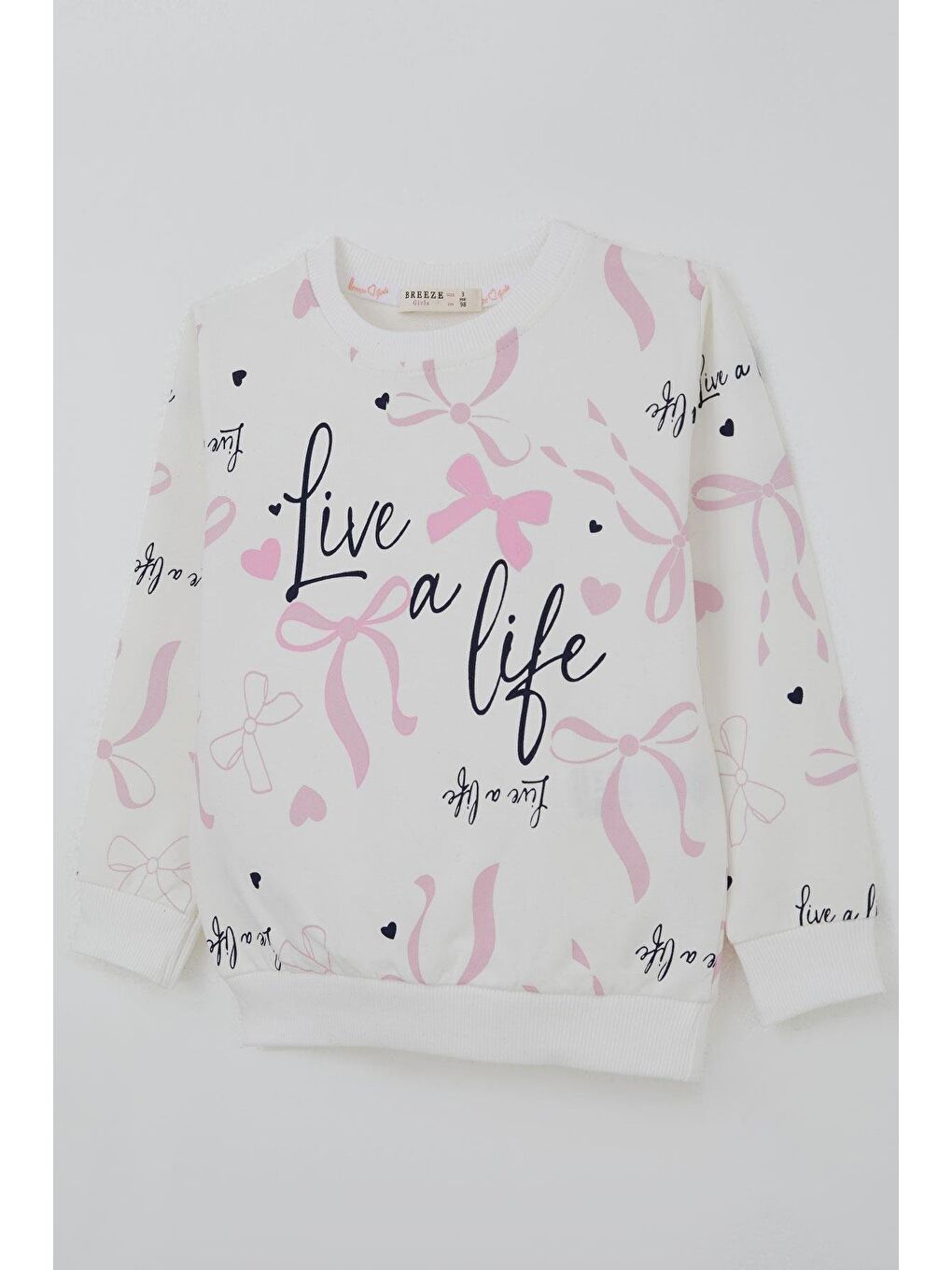 Kız Çocuk Sweatshirt Fiyonk & Kalp Baskılı Ekru (3-8 Yaş)-3