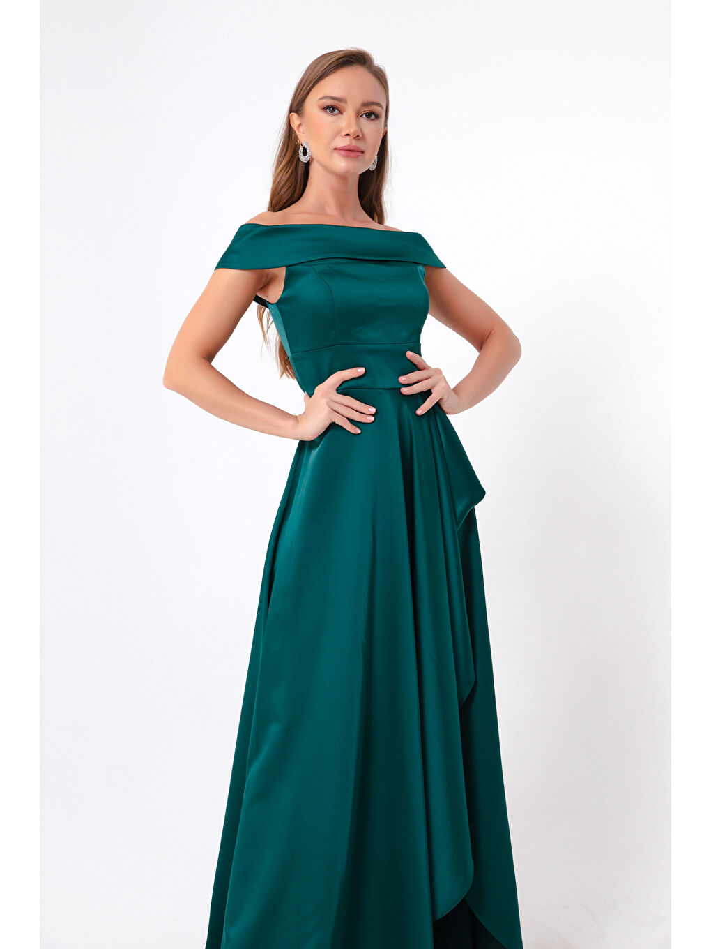 Kadın Petrol Kayık Yaka Saten Abiye & Mezuniyet Elbisesi-1