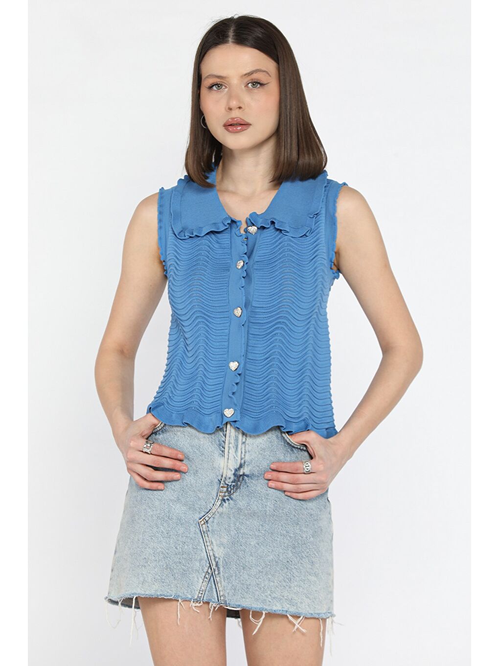 İndigo Kadın Bebe Yaka Dalga Desenli Triko Yelek