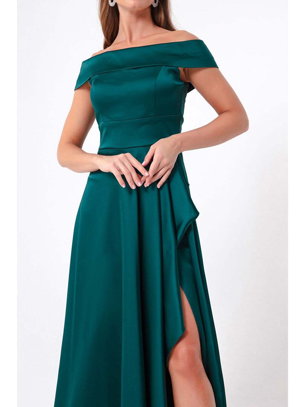 Kadın Petrol Kayık Yaka Saten Abiye & Mezuniyet Elbisesi-2