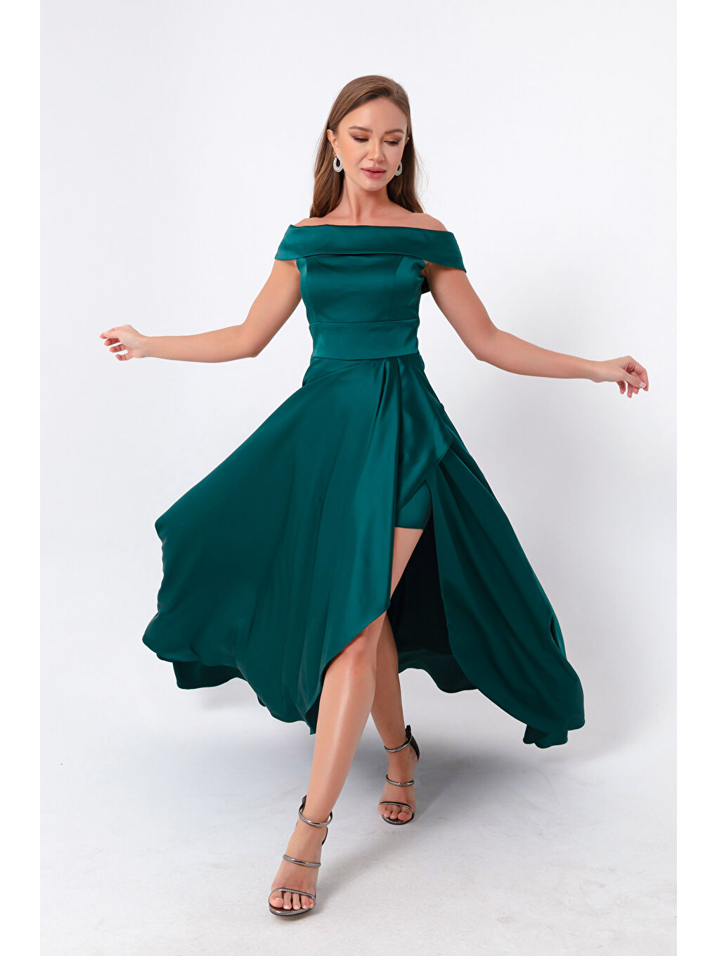 Kadın Petrol Kayık Yaka Saten Abiye & Mezuniyet Elbisesi-3