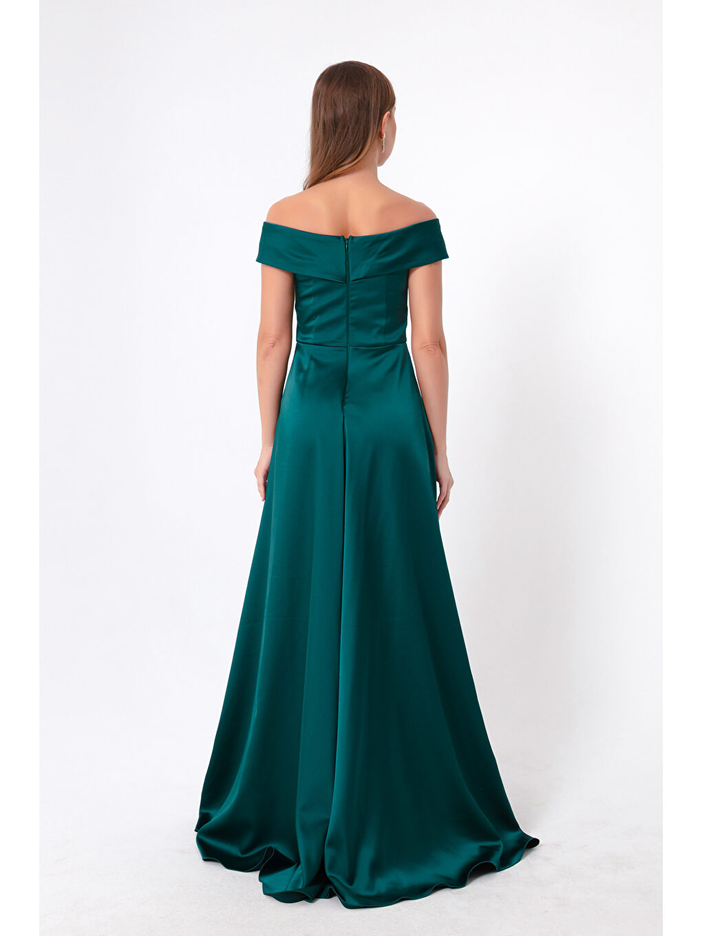 Kadın Petrol Kayık Yaka Saten Abiye & Mezuniyet Elbisesi-4