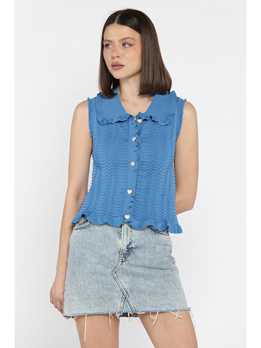 İndigo Kadın Bebe Yaka Dalga Desenli Triko Yelek-1