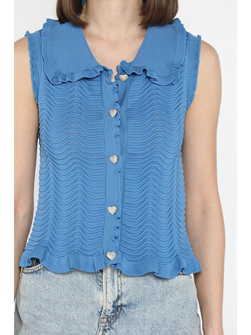 İndigo Kadın Bebe Yaka Dalga Desenli Triko Yelek-2