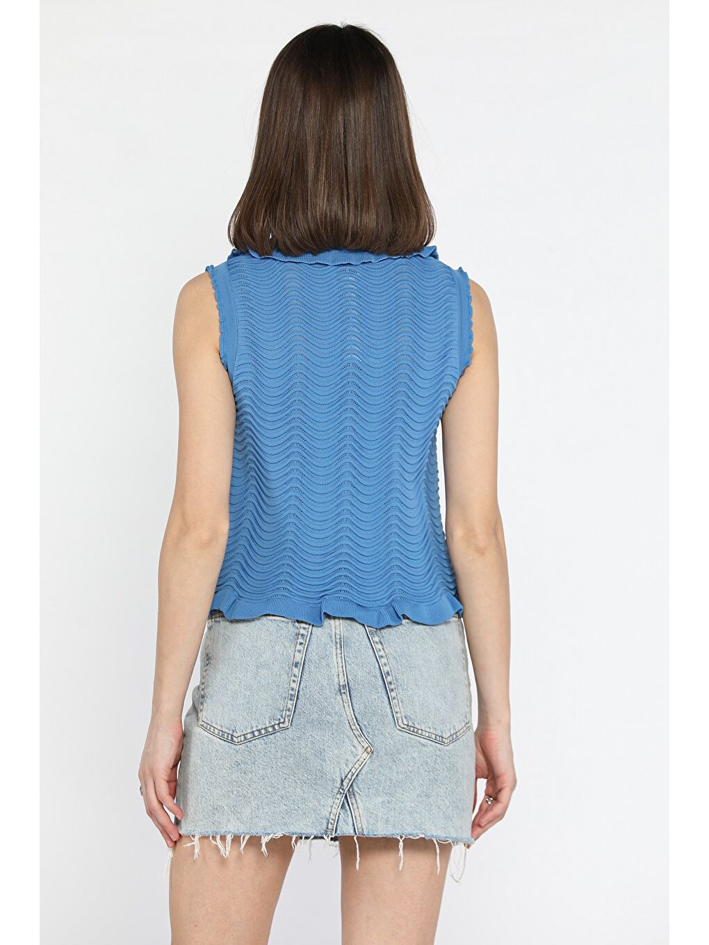 İndigo Kadın Bebe Yaka Dalga Desenli Triko Yelek-3