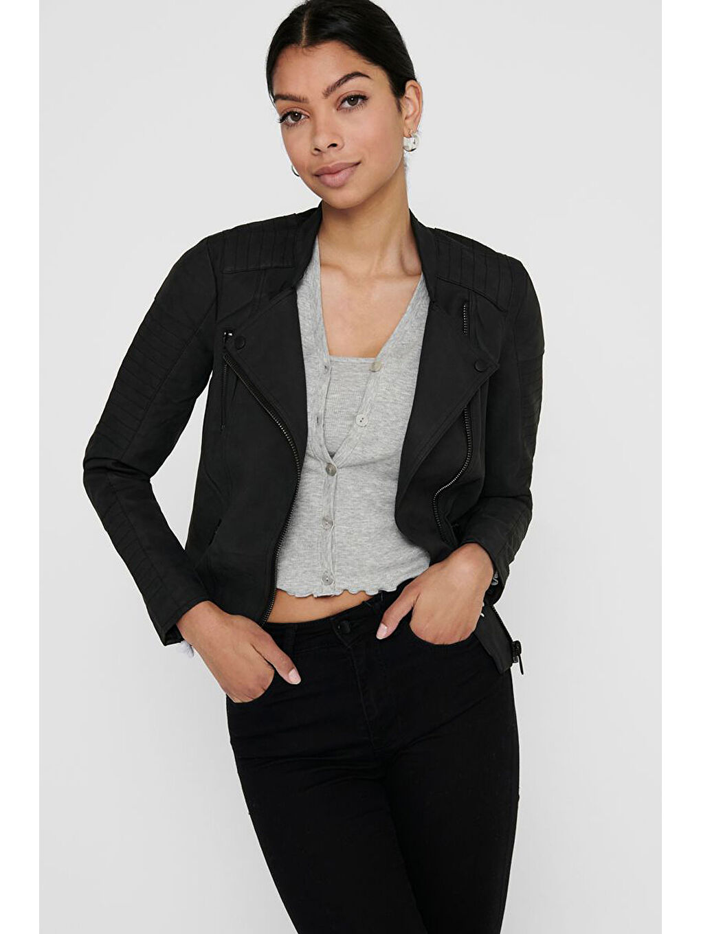 Siyah Onlava Regular Fit Fermuarlı Suni Kadın Deri Ceket 15102997-3