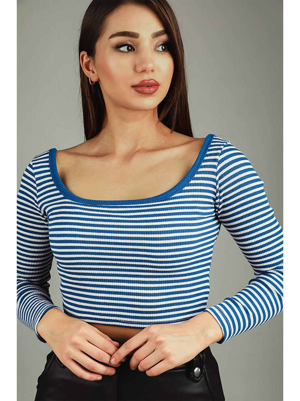 GÜLSELİ Mavi Kadın Kare Yaka Çizgili Kaşkorse Crop Body Bluz - 4