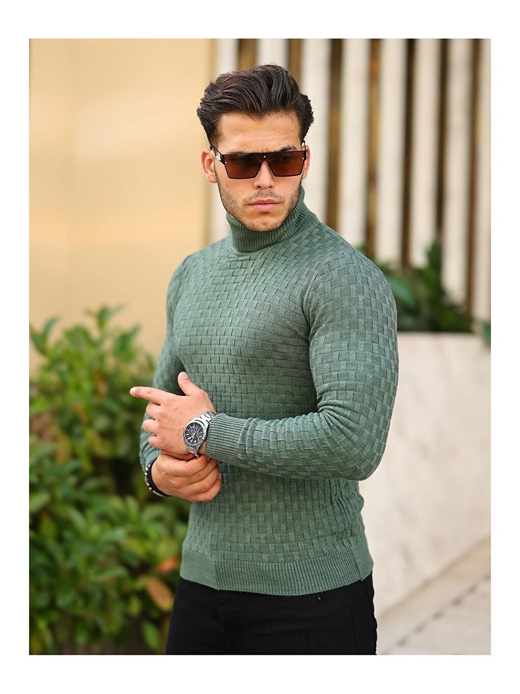 Yeşil Erkek Desenli Günlük Balıkçı Yaka Zümrüt Triko Kazak