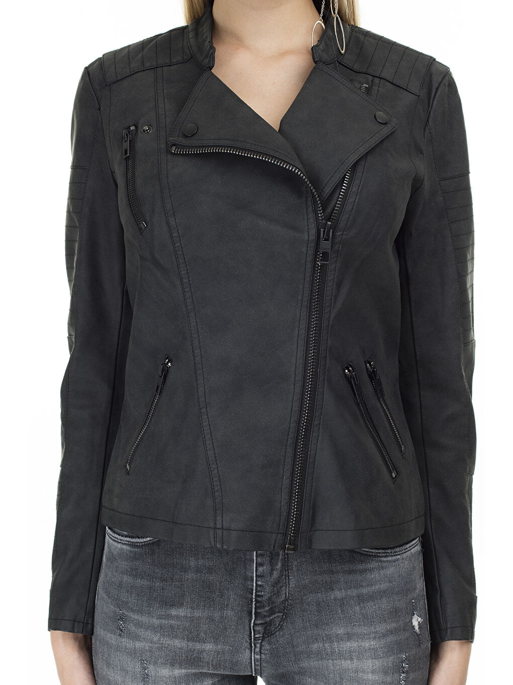Siyah Onlava Regular Fit Fermuarlı Suni Kadın Deri Ceket 15102997-7