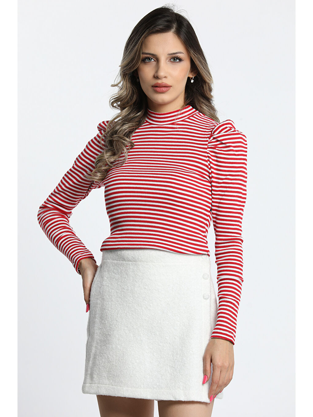 Kırmızı Kadın Prenses Kol Çizgili Body Bluz-1