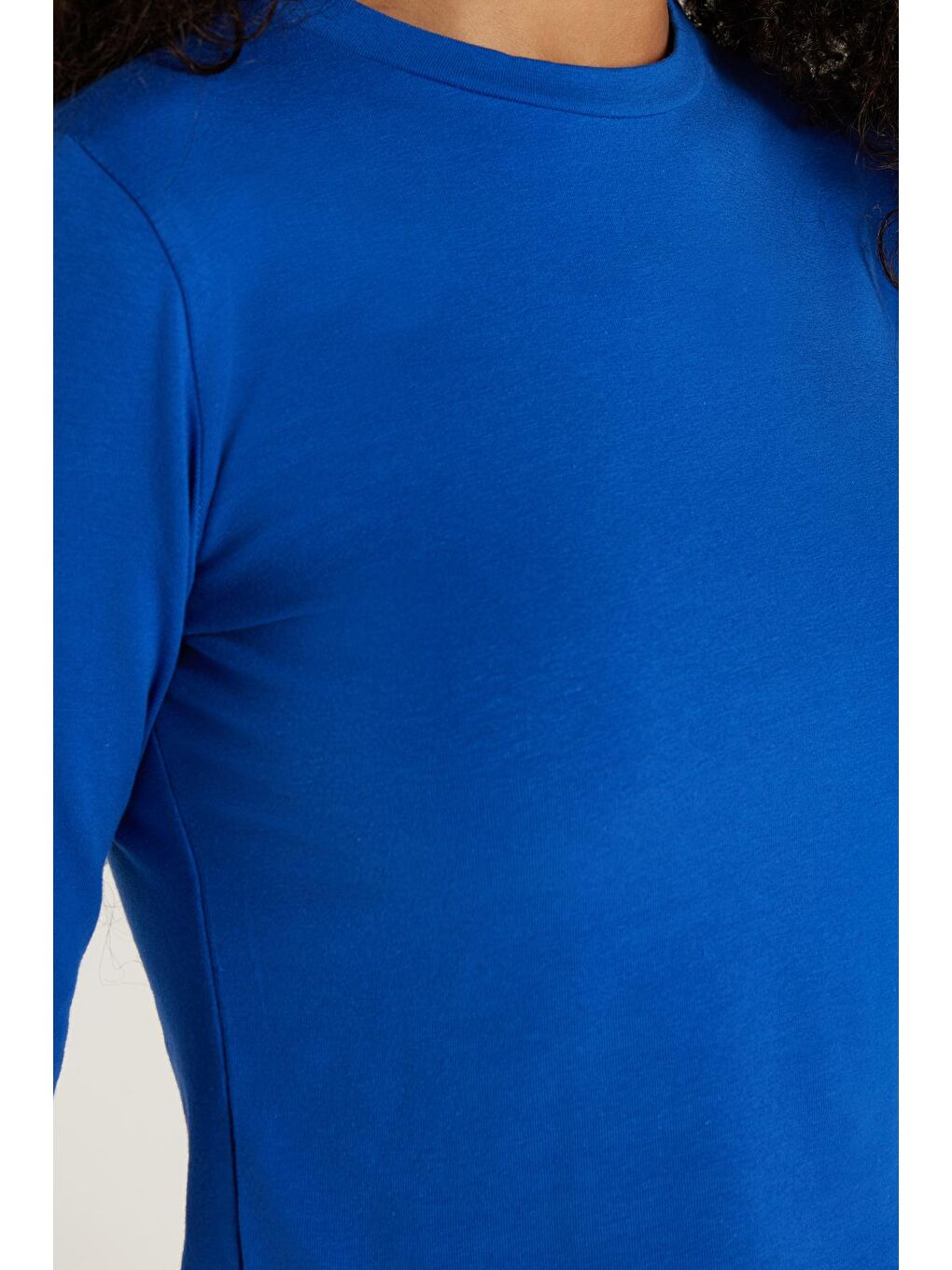 Kadın Slim Fit Pamuklu Düz Bisiklet Yaka Mavi Bluz-2