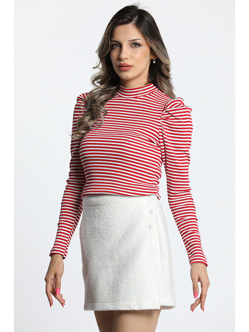 Kırmızı Kadın Prenses Kol Çizgili Body Bluz-3