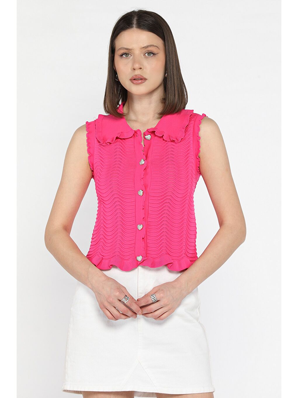 Fuşya Kadın Bebe Yaka Dalga Desenli Triko Yelek-1