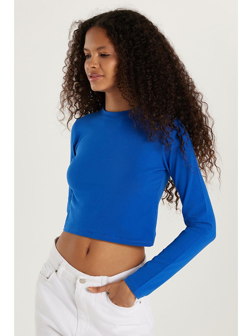 Kadın Slim Fit Pamuklu Düz Bisiklet Yaka Mavi Bluz-3