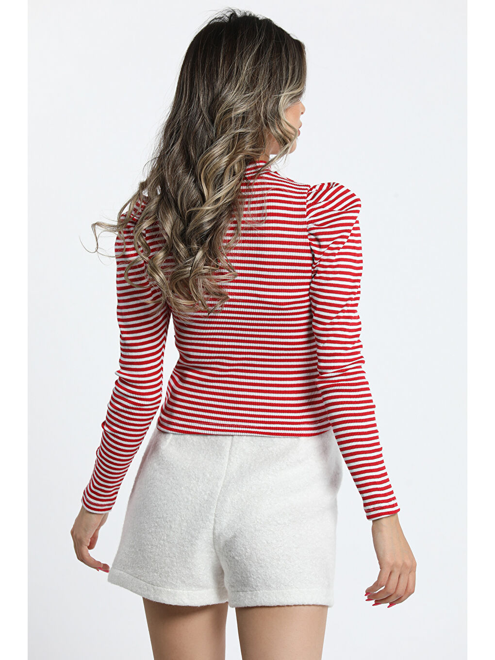 Kırmızı Kadın Prenses Kol Çizgili Body Bluz-4