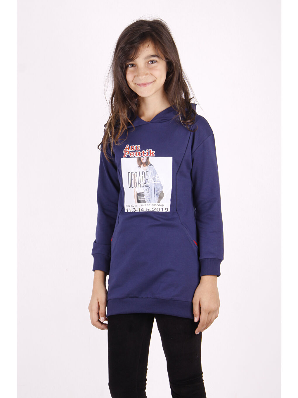 Lacivert Kız Çocuk Tarz Kız Baskılı Cepli Kapüşonlu Sweatshirt