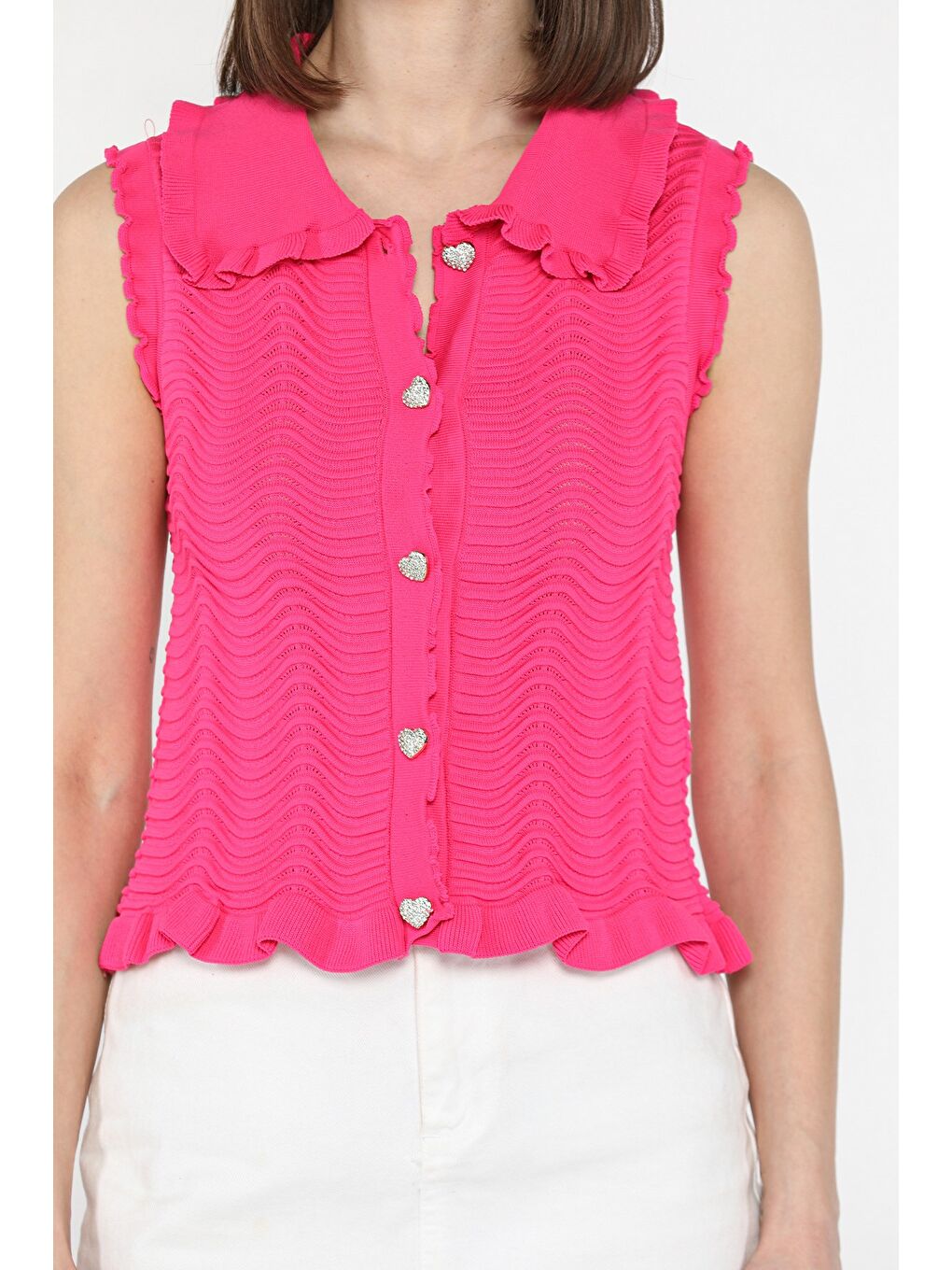Fuşya Kadın Bebe Yaka Dalga Desenli Triko Yelek-2