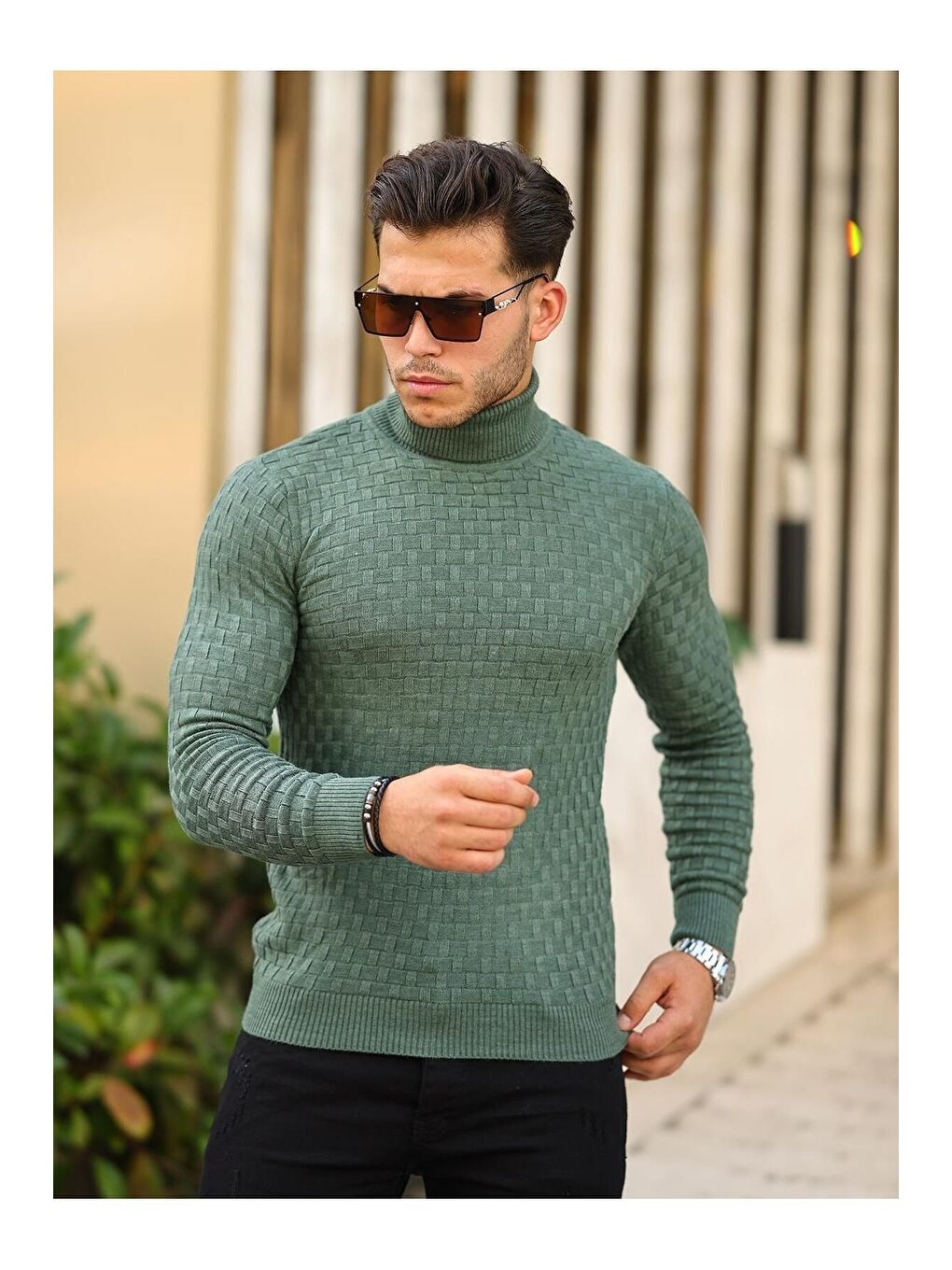 Yeşil Erkek Desenli Günlük Balıkçı Yaka Zümrüt Triko Kazak-1