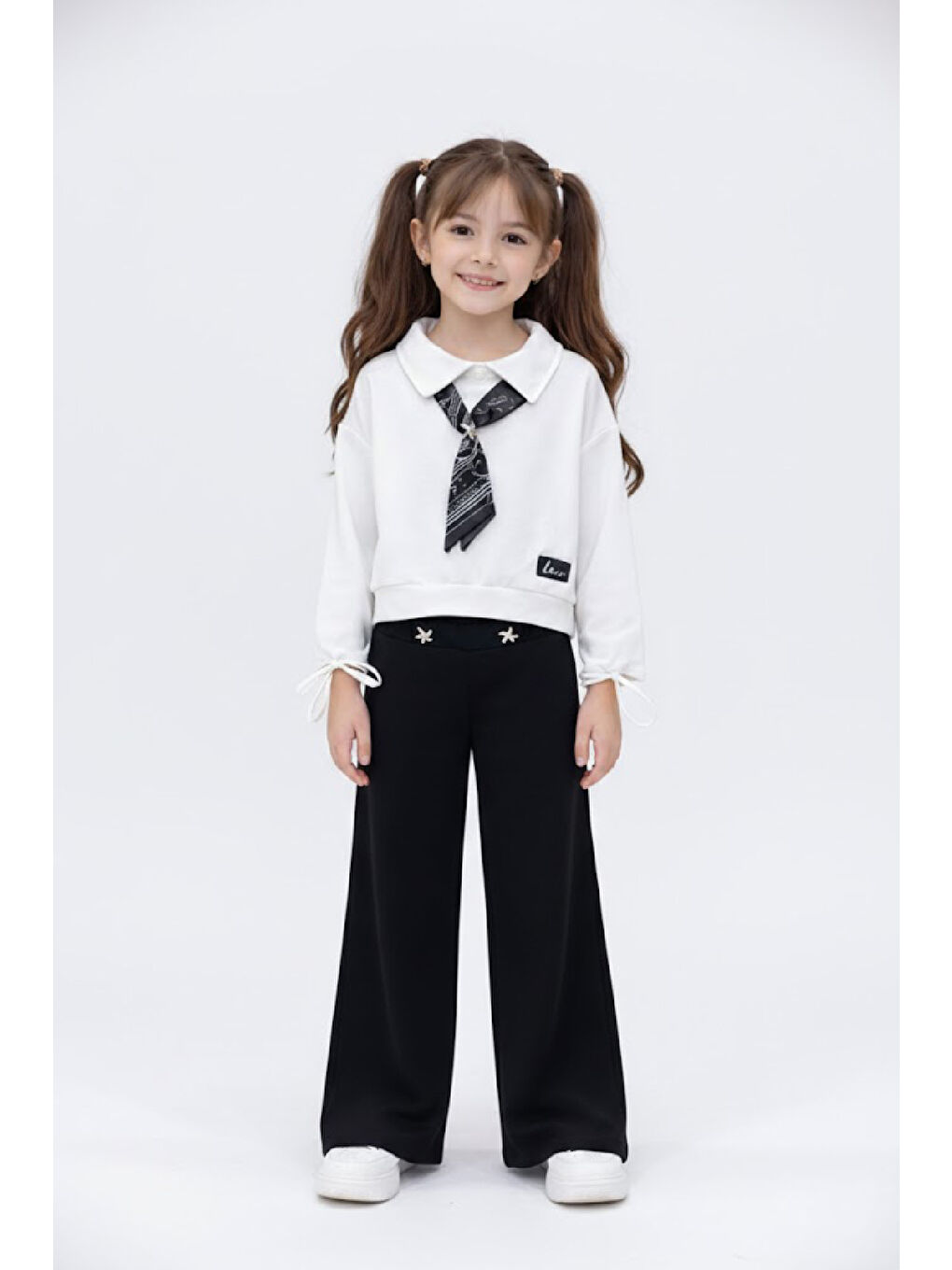 Siyah Kız Çocuk Saten Fular Detaylı Alt-Üst Takım 4-14 Yaş 12518HC-1
