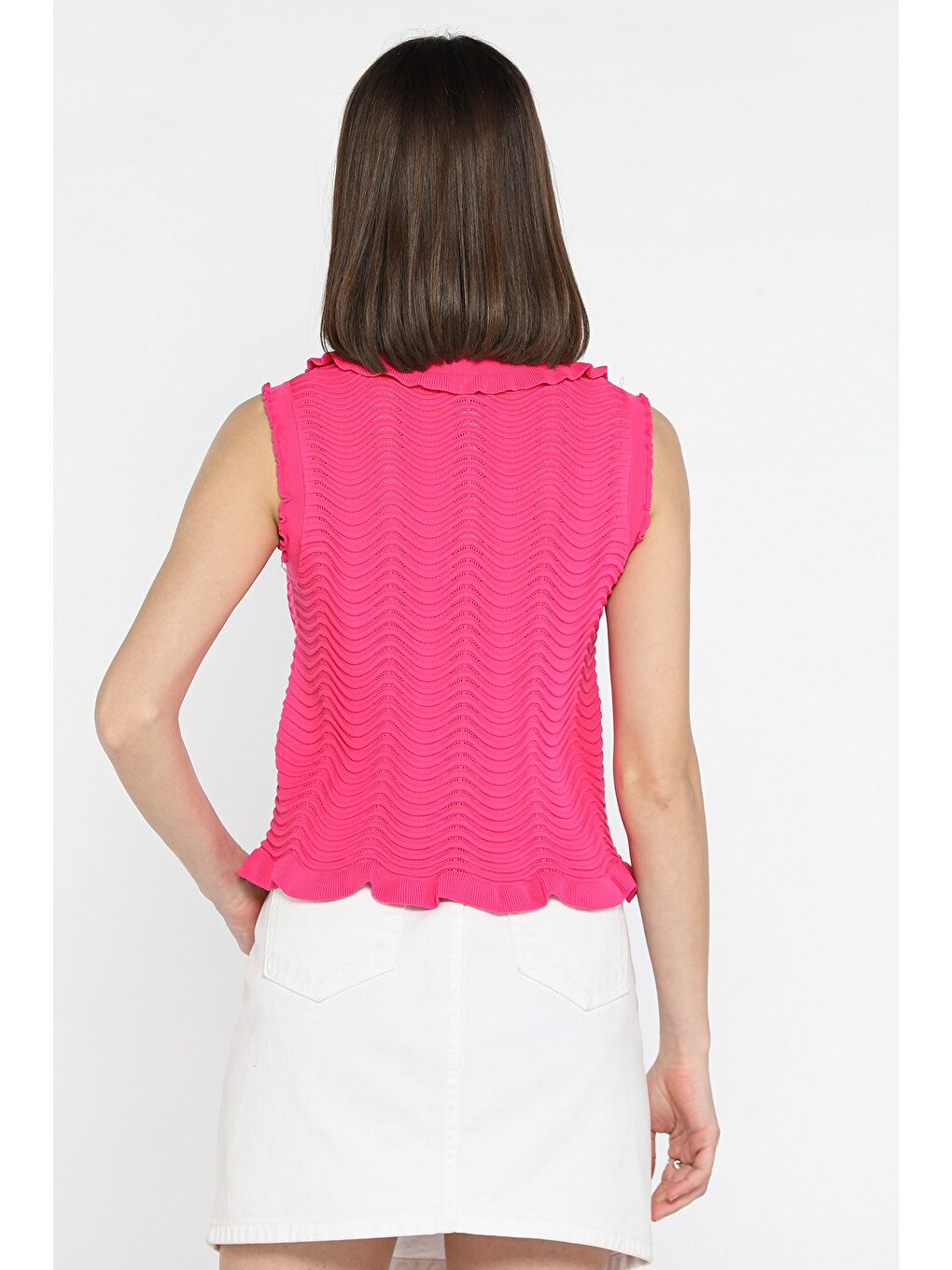Fuşya Kadın Bebe Yaka Dalga Desenli Triko Yelek-3