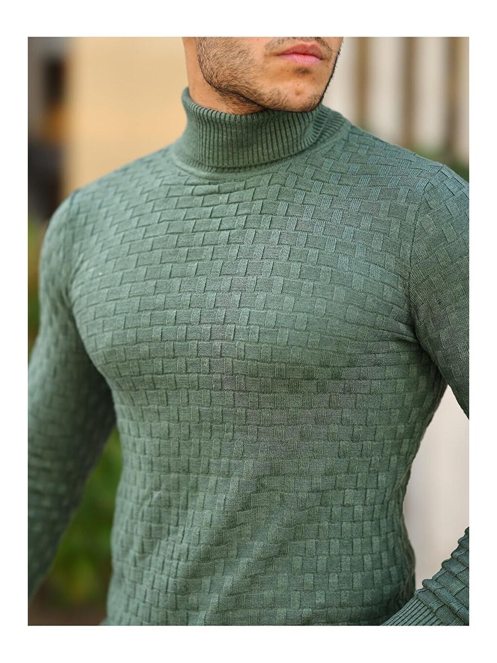 Yeşil Erkek Desenli Günlük Balıkçı Yaka Zümrüt Triko Kazak-2