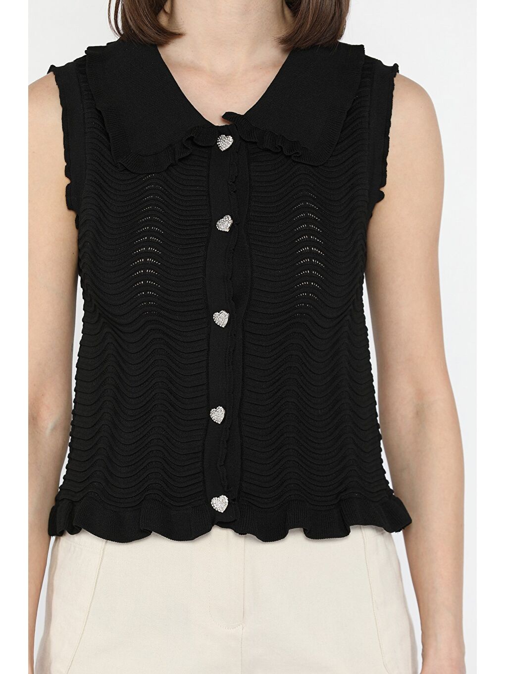 Siyah Kadın Bebe Yaka Dalga Desenli Triko Yelek-2