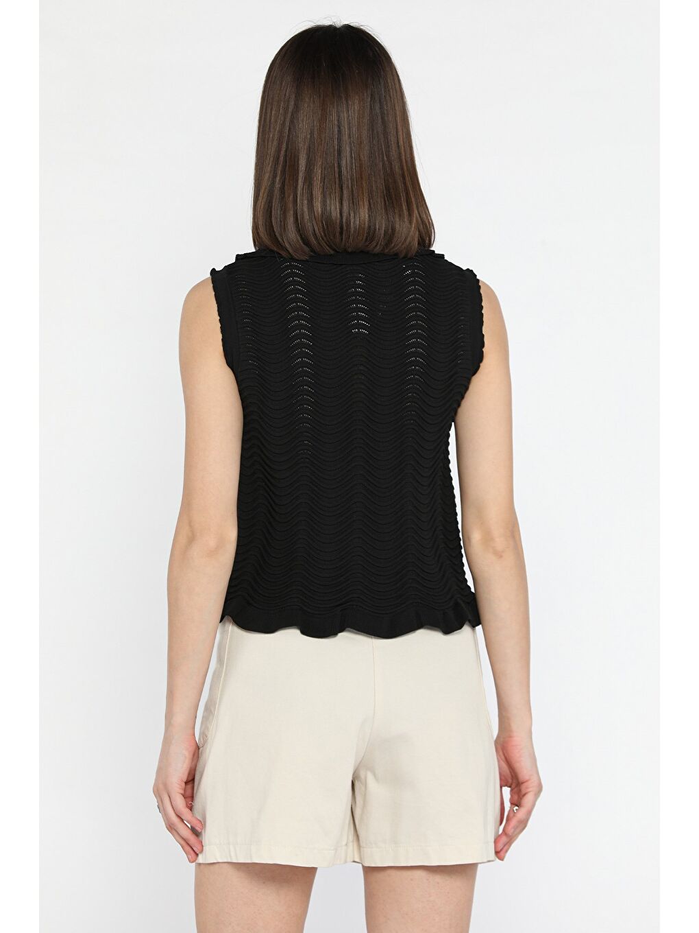 Siyah Kadın Bebe Yaka Dalga Desenli Triko Yelek-3