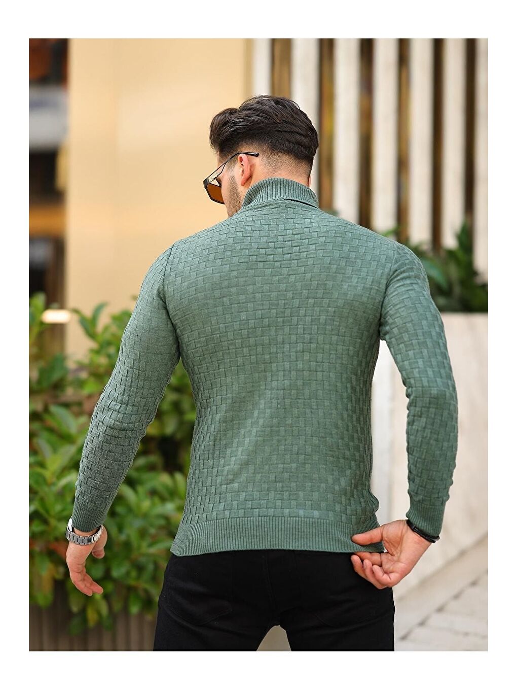 Yeşil Erkek Desenli Günlük Balıkçı Yaka Zümrüt Triko Kazak-3