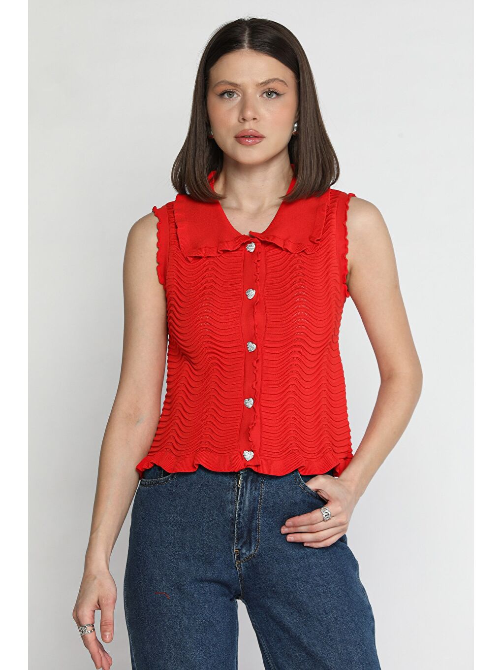 Kırmızı Kadın Bebe Yaka Dalga Desenli Triko Yelek