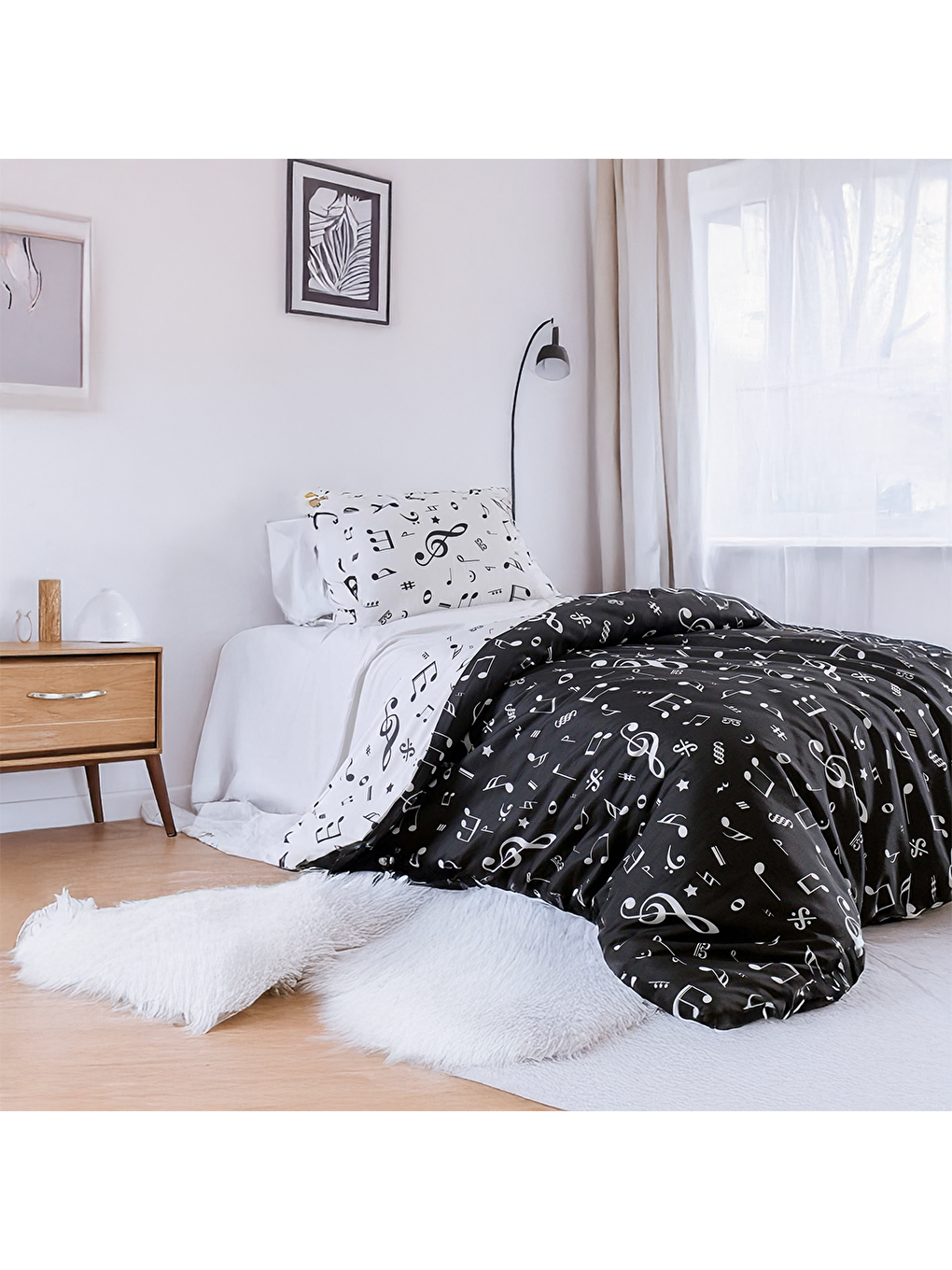 Siyah Tek Kişilik Kolay Ütülenir Nevresim Takımı Melodiy Desen-1