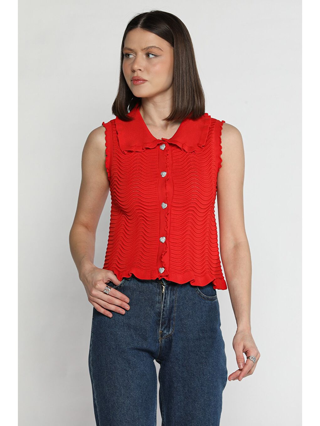 Kırmızı Kadın Bebe Yaka Dalga Desenli Triko Yelek-1