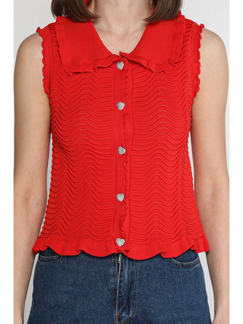 Kırmızı Kadın Bebe Yaka Dalga Desenli Triko Yelek-2