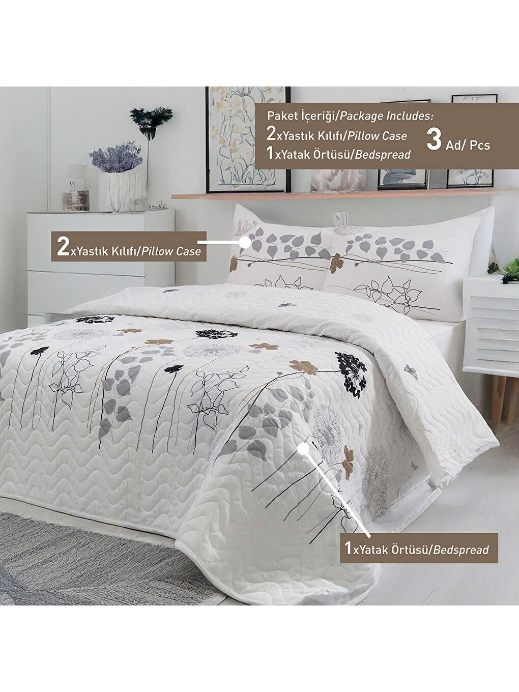Çift Kişilik Yatak Örtüsü Seti Kapitone Atlantis Beyaz 200x220 cm-4