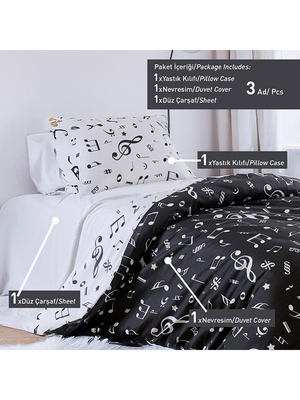 Siyah Tek Kişilik Kolay Ütülenir Nevresim Takımı Melodiy Desen-4