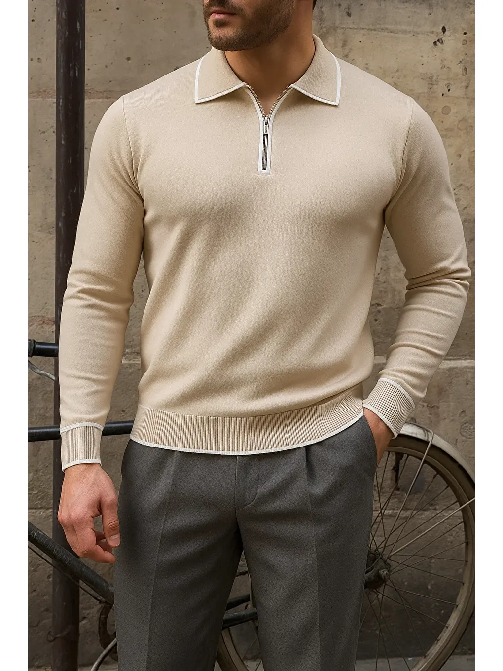 Erkek Günlük Çizgili Trend Bej Polo Yaka Kazak-1