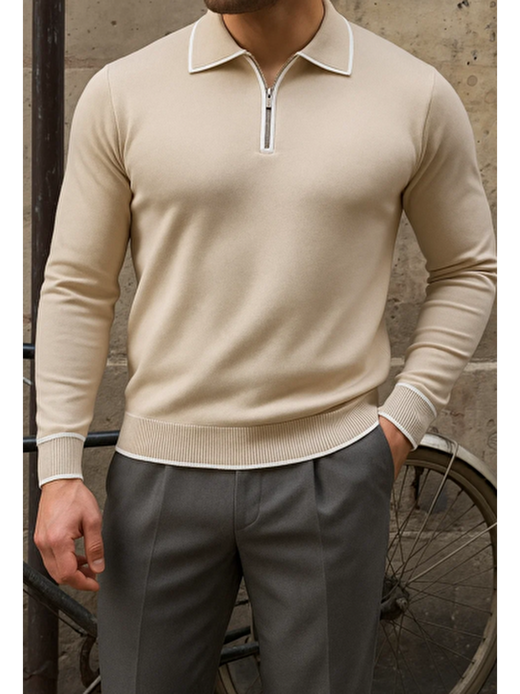 Erkek Günlük Çizgili Trend Bej Polo Yaka Kazak-2