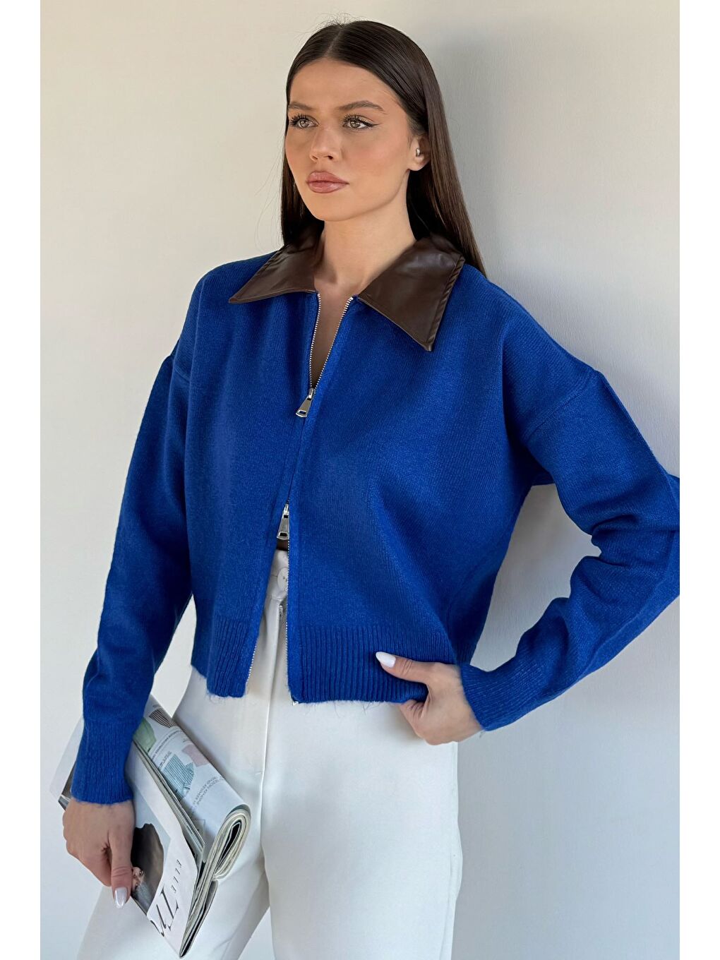 Mavi Kadın Polo Yaka Deri Garnili Fermuarlı Triko Hırka (s-m-l Beden Uyumludur.)