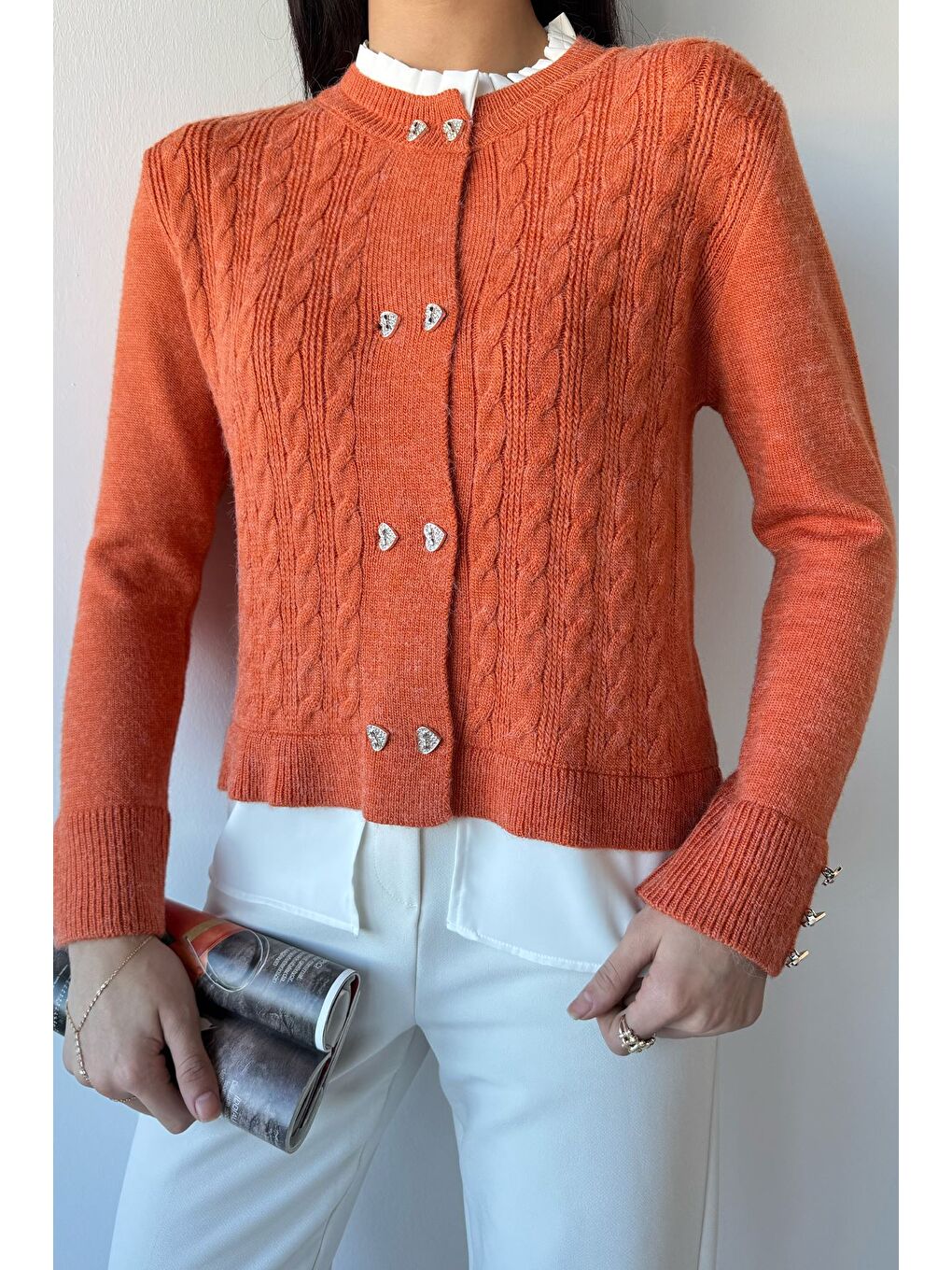 Turuncu Kol Ve Ön Düğmeli Triko Ceket (s,m,l,xl Uyumludur)